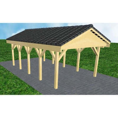 Joda® Satteldach-Carport Wismar MD, 405x723 cm, mit Dachpfannen und Dachrinnen, Kiefer KDI-grün Mittel (723 cm) | komplett | Kiefer KDI