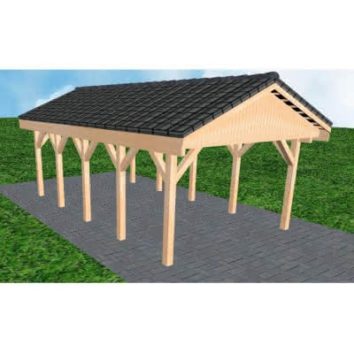 Joda® Satteldach-Carport Wismar MD, 405x723 cm, mit Dachpfannen und Dachrinnen, Fichte Leimholz naturbelassen Mittel (723 cm) | komplett | Fichte Leimholz natur