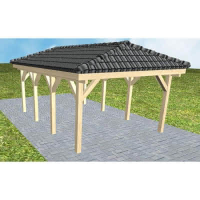 Walmdach-Carport Kampen KD Master, 405x573 cm, inkl. Dachpfannen und Dachrinnen, Fichte KVH naturbelassen Kurz (573 cm) | komplett | Fichte KVH natur