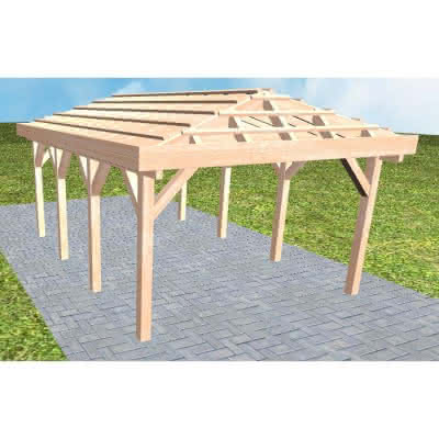 Walmdach-Carport Kampen KO Natur, 405x573 cm, ohne Dachpfannen und Dachrinnen, Lärche naturbelassen Kurz (573 cm) | ohne Pfannen u. Entwässerung | Lärche natur