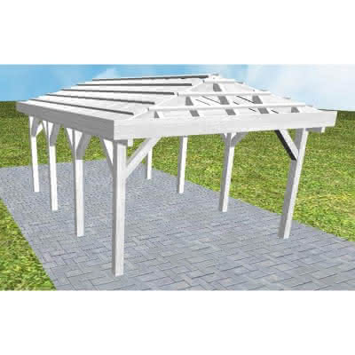 Walmdach-Carport Kampen KO Select, 405x573 cm, ohne Dachpfannen und Dachrinnen, Fichte Leimholz weiß grundiert Kurz (573 cm) | ohne Pfannen u. Entwässerung | Fichte Leimholz weiß