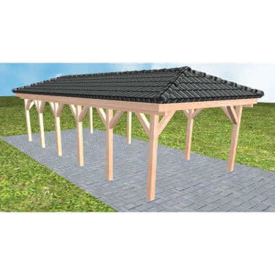 Walmdach-Carport Kampen LD Natur, 405x903 cm, inkl. Dachpfannen und Dachrinnen, Lärche naturbelassen Lang (903 cm) | komplett | Lärche natur