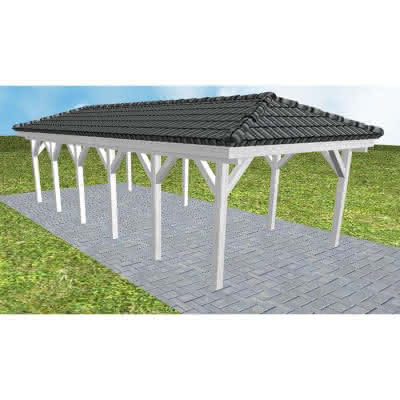 Walmdach-Carport Kampen LD Select, 405x903 cm, inkl. Dachpfannen und Dachrinnen, Fichte Leimholz weiß grundiert Lang (903 cm) | komplett | Fichte Leimholz weiß