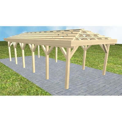 Walmdach-Carport Kampen LO Master, 405x903 cm, ohne Dachpfannen und Dachrinnen, Fichte KVH naturbelassen Lang (903 cm) | ohne Pfannen u. Entwässerung | Fichte KVH natur