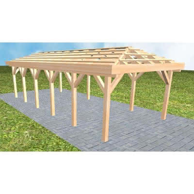 Walmdach-Carport Kampen LO Perfect, 405x903 cm, ohne Dachpfannen und Dachrinnen, Fichte Leimholz naturbelassen Lang (903 cm) | ohne Pfannen u. Entwässerung | Fichte Leimholz natur