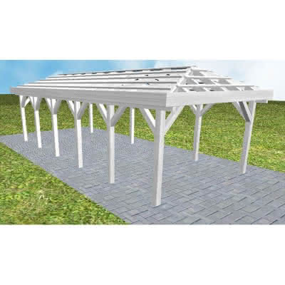 Walmdach-Carport Kampen LO Select, 405x903 cm, ohne Dachpfannen und Dachrinnen, Fichte Leimholz weiß grundiert Lang (903 cm) | ohne Pfannen u. Entwässerung | Fichte Leimholz weiß