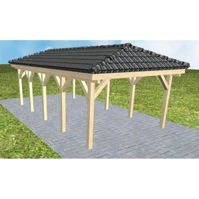 Walmdach-Carport Kampen MD Master, 405x723 cm, inkl. Dachpfannen und Dachrinnen, Fichte KVH naturbelassen Mittel (723 cm) | komplett | Fichte KVH natur