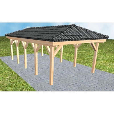 Walmdach-Carport Kampen MD Perfect, 405x723 cm, inkl. Dachpfannen und Dachrinnen, Fichte Leimholz naturbelassen Mittel (723 cm) | komplett | Fichte Leimholz natur