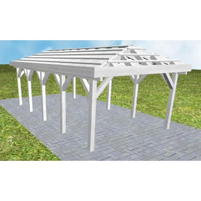 Walmdach-Carport Kampen MO Select, 405x723 cm, ohne Dachpfannen und Dachrinnen, Fichte Leimholz weiß grundiert Mittel (723 cm) | ohne Pfannen u. Entwässerung | Fichte Leimholz weiß