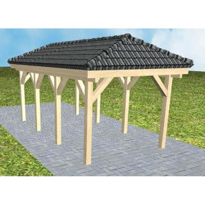 Walmdach-Carport Kappeln KD Master, 305x573 cm, inkl. Dachpfannen und Dachrinnen, Fichte KVH naturbelassen Kurz (573 cm) | komplett | Fichte KVH natur