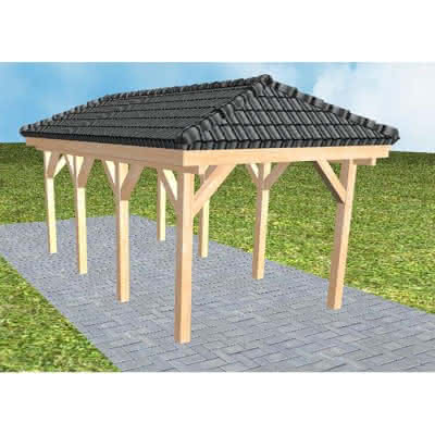 Walmdach-Carport Kappeln KD Perfect, 305x573 cm, inkl. Dachpfannen und Dachrinnen, Fichte Leimholz naturbelassen Kurz (573 cm) | komplett | Fichte Leimholz natur