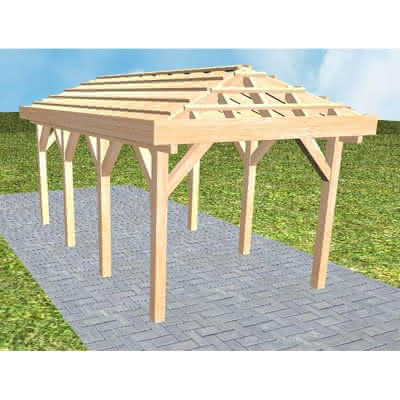 Walmdach-Carport Kappeln KO Perfect, 305x573 cm, ohne Dachpfannen und Dachrinnen, Fichte Leimholz naturbelassen Kurz (573 cm) | ohne Pfannen u. Entwässerung | Fichte Leimholz natur