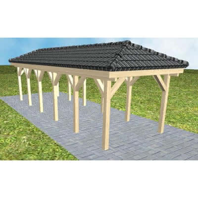 Walmdach-Carport Kappeln LD Master, 305x903 cm, inkl. Dachpfannen und Dachrinnen, Fichte KVH naturbelassen Lang (903 cm) | komplett | Fichte KVH natur