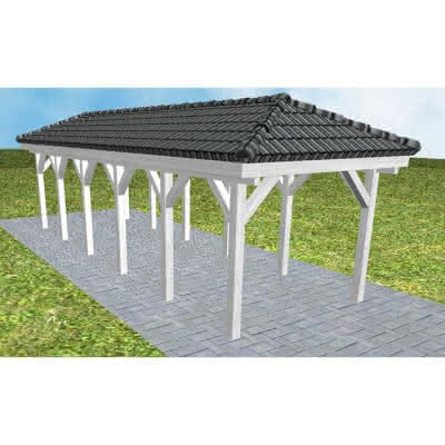 Walmdach-Carport Kappeln LD Select, 305x903 cm, inkl. Dachpfannen und Dachrinnen, Fichte Leimholz weiß grundiert Lang (903 cm) | komplett | Fichte Leimholz weiß