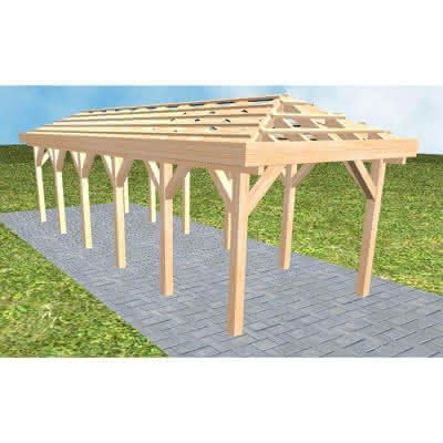 Walmdach-Carport Kappeln LO Perfect, 305x903 cm, ohne Dachpfannen und Dachrinnen, Fichte Leimholz naturbelassen Lang (903 cm) | ohne Pfannen u. Entwässerung | Fichte Leimholz natur