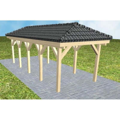 Walmdach-Carport Kappeln MD Master, 305x723 cm, inkl. Dachpfannen und Dachrinnen, Fichte KVH naturbelassen Mittel (723 cm) | komplett | Fichte KVH natur