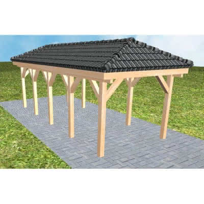 Walmdach-Carport Kappeln MD Perfect, 305x723 cm, inkl. Dachpfannen und Dachrinnen, Fichte Leimholz naturbelassen Mittel (723 cm) | komplett | Fichte Leimholz natur