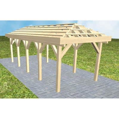 Walmdach-Carport Kappeln MO Master, 305x723 cm, ohne Dachpfannen und Dachrinnen, Fichte KVH naturbelassen Mittel (723 cm) | ohne Pfannen u. Entwässerung | Fichte KVH natur