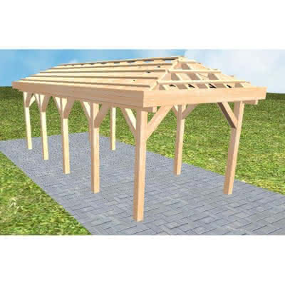 Walmdach-Carport Kappeln MO Perfect, 305x723 cm, ohne Dachpfannen und Dachrinnen, Fichte Leimholz naturbelassen Mittel (723 cm) | ohne Pfannen u. Entwässerung | Fichte Leimholz natur