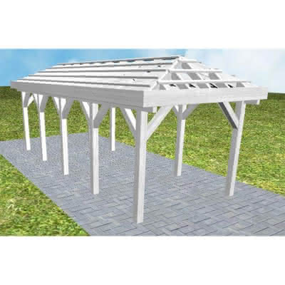 Walmdach-Carport Kappeln MO Select, 305x723 cm, ohne Dachpfannen und Dachrinnen, Fichte Leimholz weiß grundiert Mittel (723 cm) | ohne Pfannen u. Entwässerung | Fichte Leimholz weiß