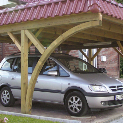 Carport Leimholz-Pfostenbogen 11x11 r=200 cm für Carportlänge M (Mittel) mit verstärkter Sattelkonstruktion zweiseitig Lärche naturbelassen Mittel (M) | zweiseitig | Lärche natur