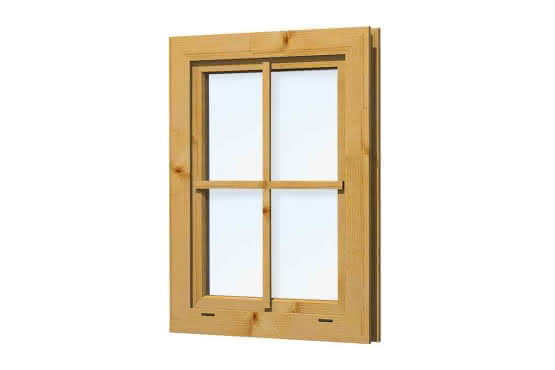 Blockhaus-Fenster F 11 69x90 cm,  einfachverglast, Dreh-Kipp rechts, für 45 mm BB, öffnet nach innen F11 | 45 mm