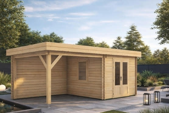 Blockbohlen Gartenhaus Valen mit Unterstand 577 x 277 cm 