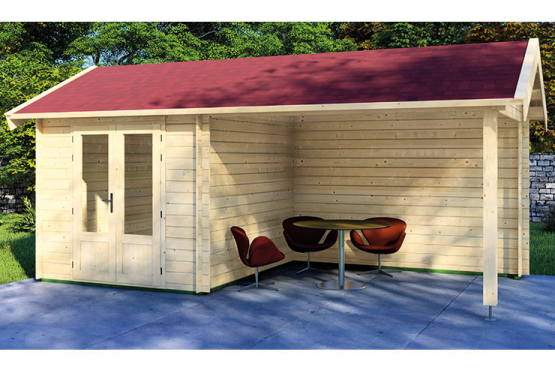 Blockhaus Fertighaus Arvik mit Unterstand 570 x 280 cm 