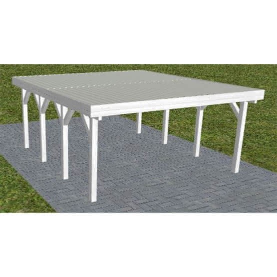 Holzblenden-Carport Burg KT Select, 498x556 cm, mit tropfhemmenden Stahl-Trapezplatten, Fichte Leimholz weiß grundiert Kurz (556 cm) | Trapez-Profil, tropfhemmend | Fichte Leimholz weiß