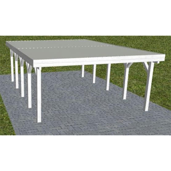 Holzblenden-Carport Burg MT Select, 498x717 cm, mit tropfhemmenden Stahl-Trapezplatten, Fichte Leimholz weiß grundiert Mittel (717 cm) | Trapez-Profil, tropfhemmend | Fichte Leimholz weiß