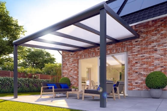 Classic-Aluminium-Terrassenüberdachung anthrazit, 606 x 300 cm, inkl. 16 mm PC-Stegplatten X-Struktur klar 606 x 300 cm