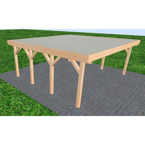 Doppelcarport Büsum KT Perfect, 601x556 cm, mit tropfhemmenden Stahl-Trapezplatten, Fichte Leimholz naturbelassen Kurz (556 cm) | Trapez-Profil, tropfhemmend | Fichte Leimholz natur