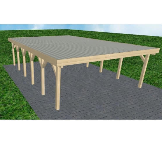 Doppelcarport Büsum LT Master, 601x879 cm, mit tropfhemmenden Stahl-Trapezplatten, Fichte KVH naturbelassen Lang (879 cm) | Trapez-Profil, tropfhemmend | Fichte KVH natur