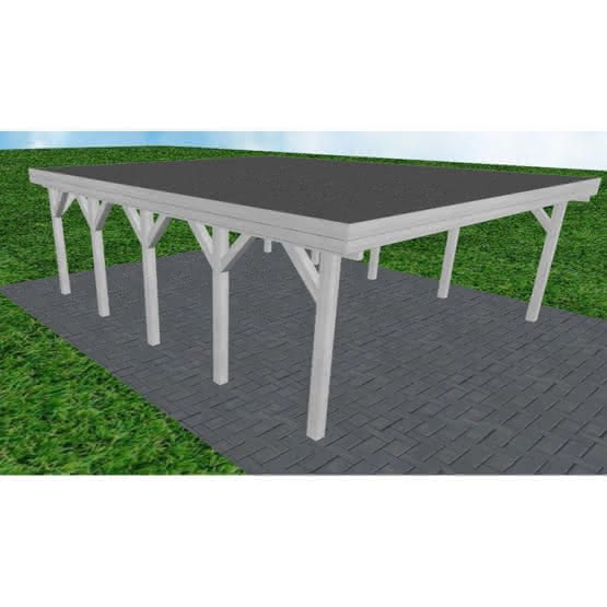 Doppelcarport Büsum MF Select, 605x717 cm, mit Foliendach, Fichte Leimholz weiß grundiert Mittel (717 cm) | Foliendach | Fichte Leimholz weiß