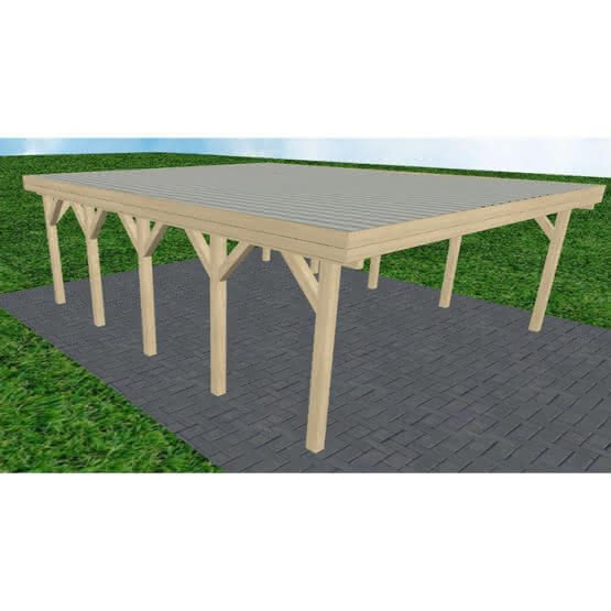 Doppelcarport Büsum MT Master, 601x717 cm, mit tropfhemmenden Stahl-Trapezplatten, Fichte KVH naturbelassen Mittel (717 cm) | Trapez-Profil, tropfhemmend | Fichte KVH natur
