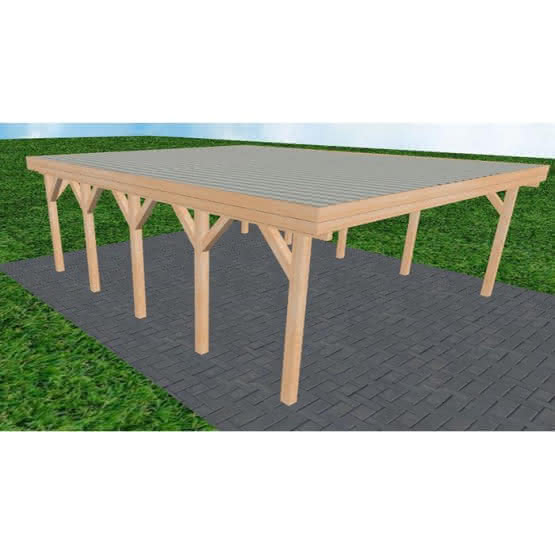 Doppelcarport Büsum MT Perfect, 601x717 cm, mit tropfhemmenden Stahl-Trapezplatten, Fichte Leimholz naturbelassen Mittel (717 cm) | Trapez-Profil, tropfhemmend | Fichte Leimholz natur