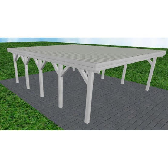 Doppelcarport Büsum MT Select, 601x717 cm, mit tropfhemmenden Stahl-Trapezplatten, Fichte Leimholz weiß grundiert Mittel (717 cm) | Trapez-Profil, tropfhemmend | Fichte Leimholz weiß