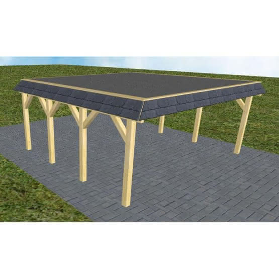 Walmblenden-Doppelcarport Grömitz KF Classic, 605x556 cm, mit Foliendach, Kiefer KDI-grün Kurz (556 cm) | Foliendach | Kiefer KDI