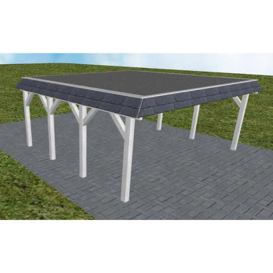 Walmblenden-Doppelcarport Grömitz KF Select, 605x556 cm, mit Foliendach, Fichte Leimholz weiß grundiert Kurz (556 cm) | Foliendach | Fichte Leimholz weiß