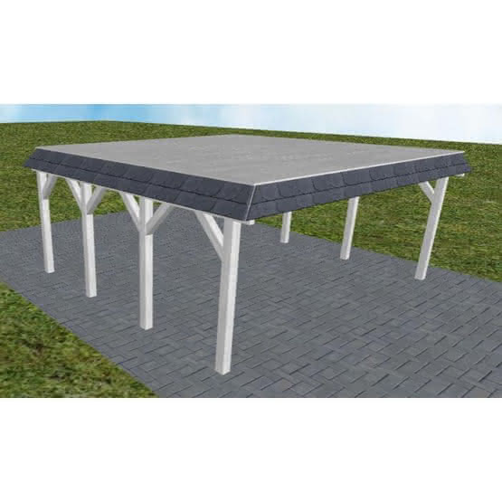 Walmblenden-Doppelcarport Grömitz KG Select, 605x556 cm, vorbereitet für Grünbedachung, Fichte Leimholz weiß grundiert Kurz (556 cm) | vorbereitet für Gründach | Fichte Leimholz weiß