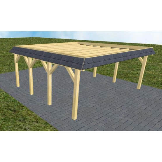 Walmblenden-Doppelcarport Grömitz KO Classic, 605x556 cm, ohne Bedachung, Kiefer KDI-grün Kurz (556 cm) | ohne Bedachung | Kiefer KDI