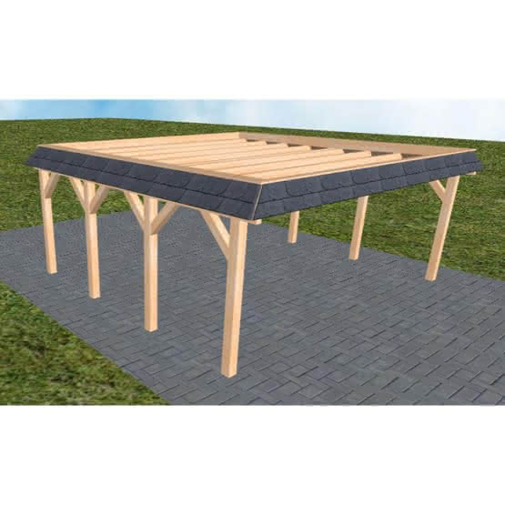 Walmblenden-Doppelcarport Grömitz KO Perfect, 605x556 cm, ohne Bedachung, Fichte Leimholz naturbelassen Kurz (556 cm) | ohne Bedachung | Fichte Leimholz natur