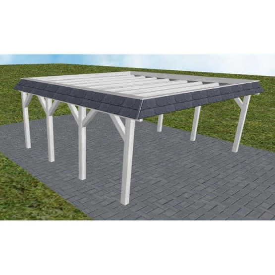 Walmblenden-Doppelcarport Grömitz KO Select, 605x556 cm, ohne Bedachung, Fichte Leimholz weiß grundiert Kurz (556 cm) | ohne Bedachung | Fichte Leimholz weiß