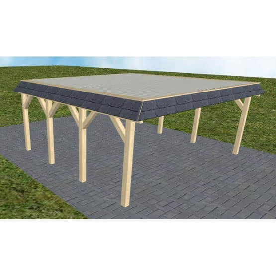 Walmblenden-Doppelcarport Grömitz KT Master, 610x556 cm, mit tropfhemmenden Stahl-Trapezplatten, Fichte KVH naturbelassen Kurz (556 cm) | Trapez-Profil, tropfhemmend | Fichte KVH natur