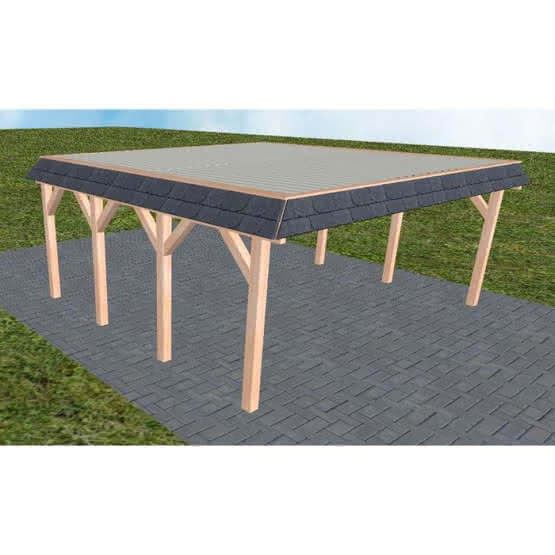 Walmblenden-Doppelcarport Grömitz KT Natur, 610x556 cm, mit tropfhemmenden Stahl-Trapezplatten, Lärche naturbelassen Kurz (556 cm) | Trapez-Profil, tropfhemmend | Lärche natur