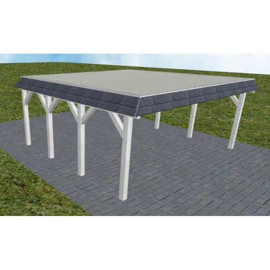 Walmblenden-Doppelcarport Grömitz KT Select, 610x556 cm, mit tropfhemmenden Stahl-Trapezplatten, Fichte Leimholz weiß grundiert Kurz (556 cm) | Trapez-Profil, tropfhemmend | Fichte Leimholz weiß