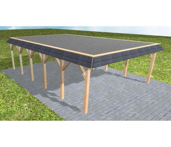 Walmblenden-Doppelcarport Grömitz LF Perfect, 605x879 cm, mit Foliendach, Fichte Leimholz naturbelassen Lang (879 cm) | Foliendach | Fichte Leimholz natur