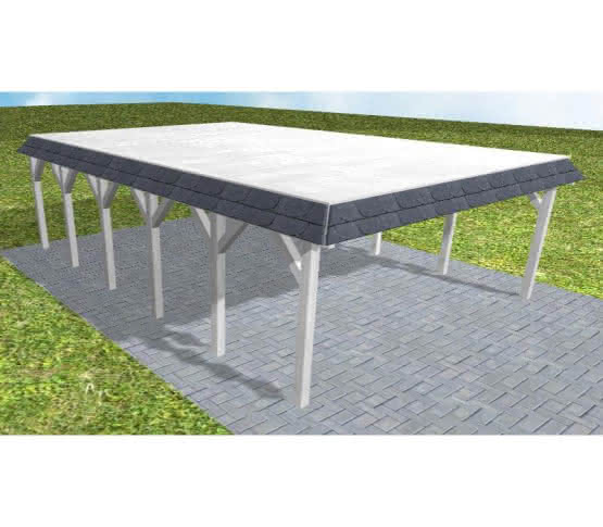 Walmblenden-Doppelcarport Grömitz LG Select, 605x879 cm, vorbereitet für Grünbedachung, Fichte Leimholz weiß grundiert Lang (879 cm) | vorbereitet für Gründach | Fichte Leimholz weiß