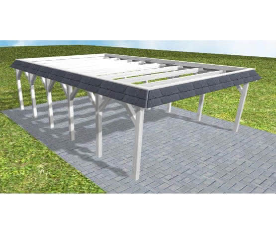Walmblenden-Doppelcarport Grömitz LO Select, 605x879 cm, ohne Bedachung, Fichte Leimholz weiß grundiert Lang (879 cm) | ohne Bedachung | Fichte Leimholz weiß