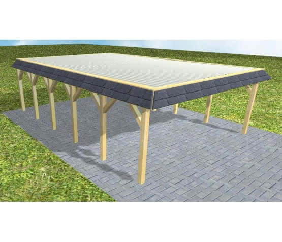 Walmblenden-Doppelcarport Grömitz LT Classic, 610x879 cm, mit tropfhemmenden Stahl-Trapezplatten, Kiefer KDI-grün Lang (879 cm) | Trapez-Profil, tropfhemmend | Kiefer KDI